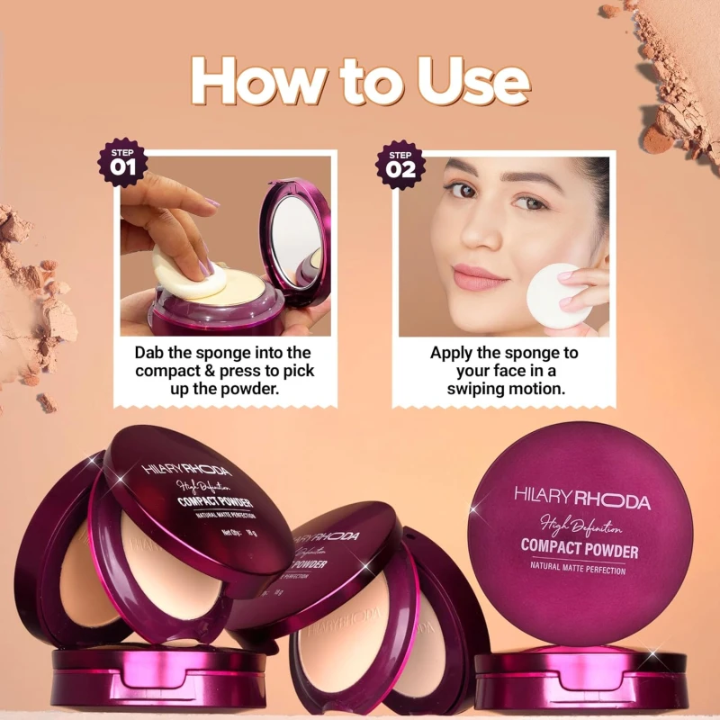 High-Definition Compact Powder: Flaunt your confidence with our HD High-Definition Compact Powder that assists in giving an HD-like finish to your makeup. Oil Control Formula: Hot and humid weather is the norm in India. Not to worry, our HD High-definition Compact Powder is crafted with a non-oily formula to fight off excess sweat and oil to complete your flawless look. 2 in 1 Compact Powder: Yes, that’s right! We have two types of finishes to create infinite flawless looks. The matte finish creates a subtle look whereas the shimmer finish gives off a natural glow. Crafted for Indian Skin: Don't you hate it when your compact makes you look like a ghost? Our shades are designed keeping the Indian skin tone in mind so that your final look feels natural. Good Coverage: Our HD Compact Powder is designed to provide good coverage to create a natural glow for all your makeup looks. Light-Diffusing Technology: Our formula uses light alteration to redirect and reduce reflected light which obliterates fine lines, sun spots, pores and skin blemishes. - Thumbnail 6